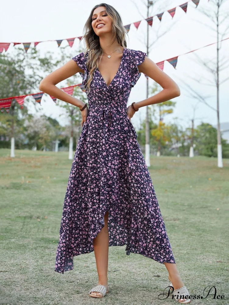 Lotus V-Neck Warm-Season Gown Coastal Low Sleeves Flowered High Straps Tank Foliage Dress M /