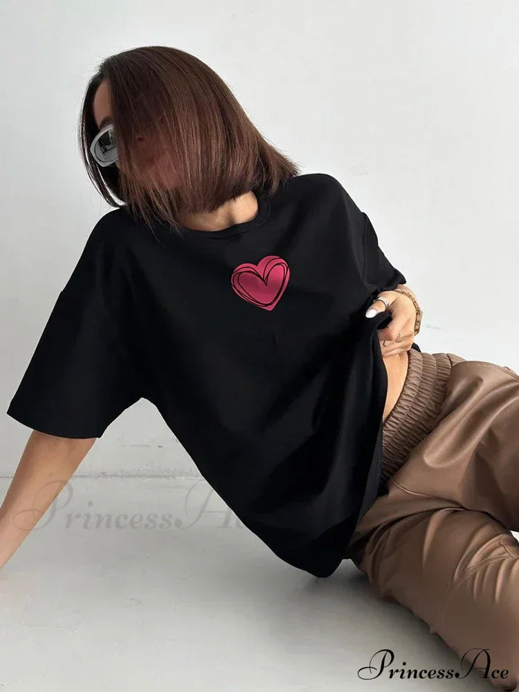 Love Printed Summer Cotton Plus Size Basic Women’s Tee T-Shirt Black / L