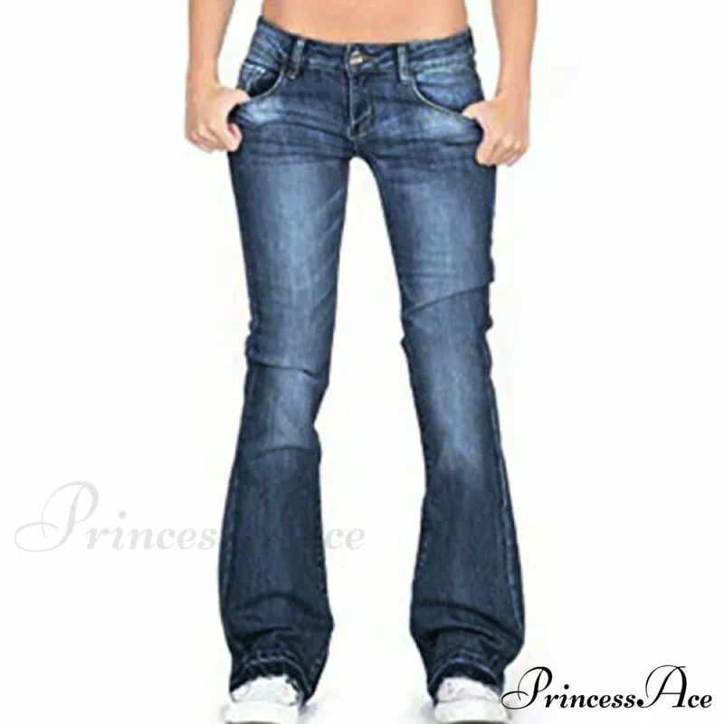 Pants Bottom Trousers Stretch Flared Jeans Bell Denim Women’s Fashion Low Rise Navy Blue / Xs Cn