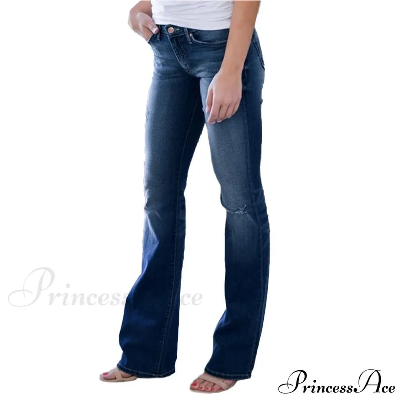 Pants Bottom Trousers Stretch Flared Jeans Bell Denim Women’s Fashion Low Rise Hole Dark Blue /