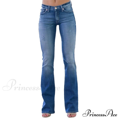 Pants Bottom Trousers Stretch Flared Jeans Bell Denim Women’s Fashion Low Rise Hole Blue / Xs Cn