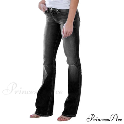 Pants Bottom Trousers Stretch Flared Jeans Bell Denim Women’s Fashion Low Rise Hole Black / Xs Cn
