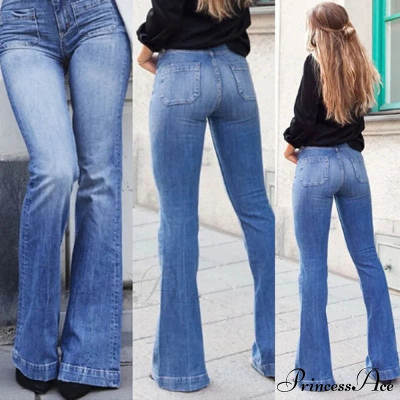 Pants Bottom Trousers Stretch Flared Jeans Bell Denim Women’s Fashion Low Rise Blue / Xs Cn
