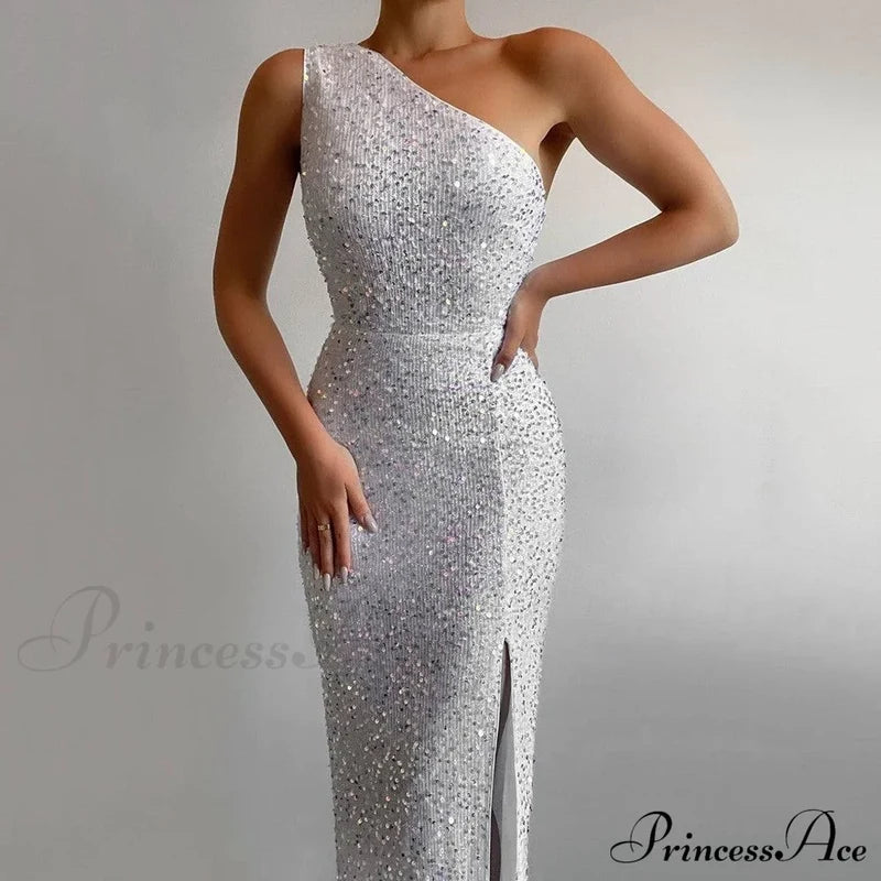 Lyla Formal One Charming Shoulder Sequin Dress White / S S.o. Long Dresses