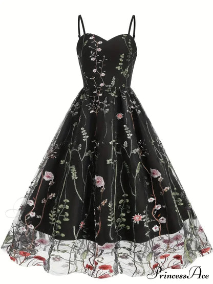 Mesh Floral Embroidery A Line Party Dress For Summer S / Blue Black Floral Maxi Dress