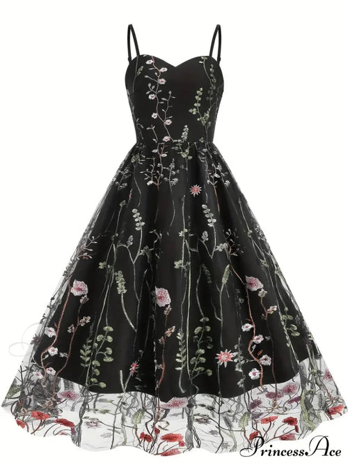 Mesh Floral Embroidery A Line Party Dress For Summer S / Blue Black Floral Maxi Dress
