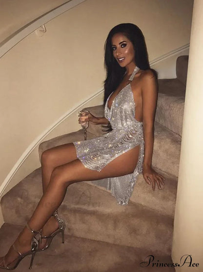 Metal Diamond Nightclub Sexy Backless Flash Dress S / Gold Sequin Dress