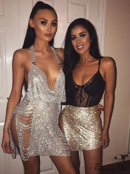 Metal Diamond Nightclub Sexy Backless Flash Dress M / Black Sequin Dress