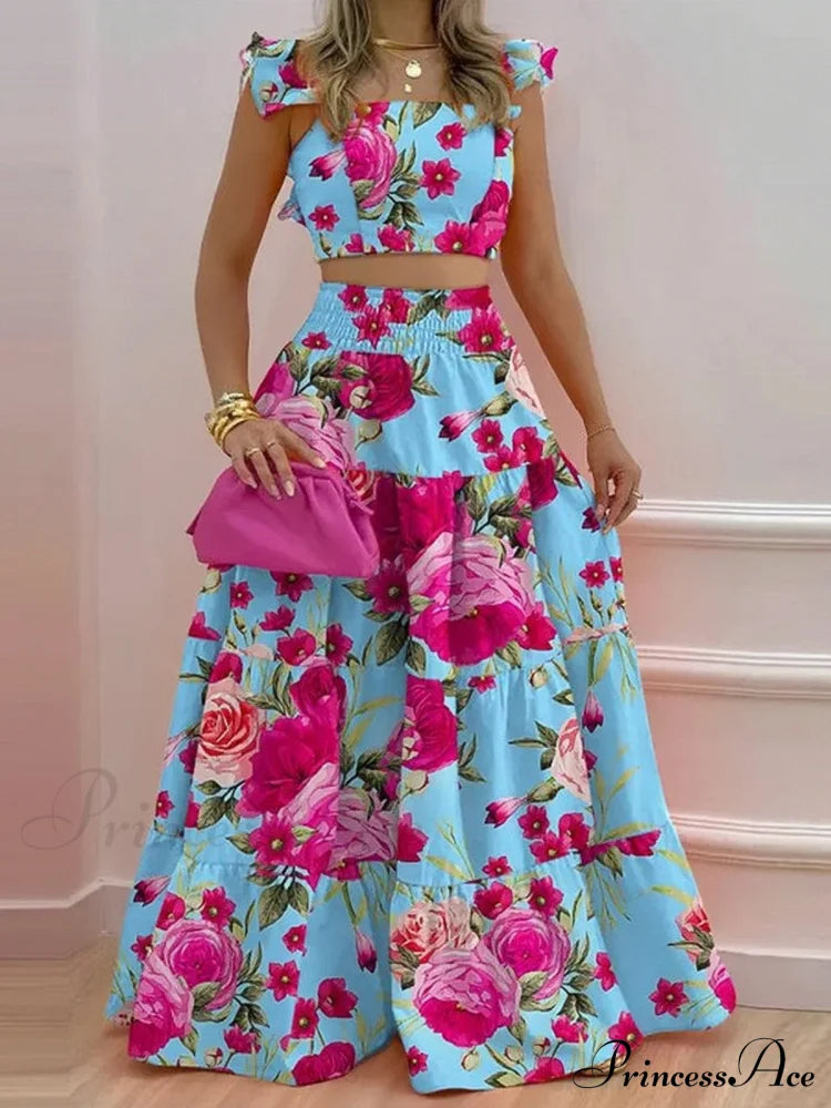 Mid Waist Swing Skirt And Career Two Piece Dress Suit S / Floral Floral Two Piece Dress