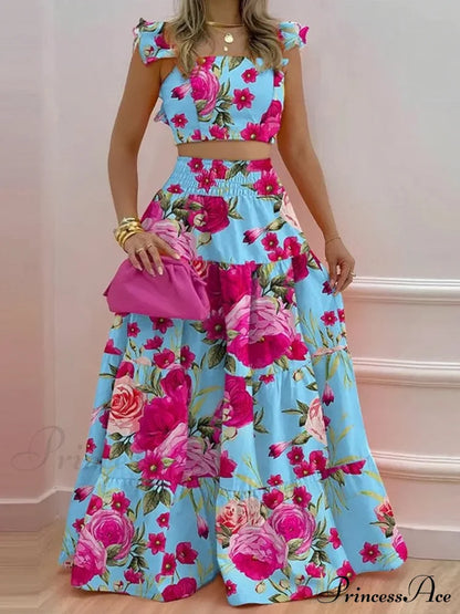 Mid Waist Swing Skirt And Career Two Piece Dress Suit S / Floral Floral Two Piece Dress