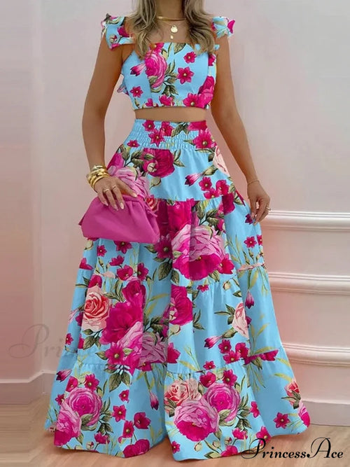 Mid Waist Swing Skirt And Career Two Piece Dress Suit S / Floral Floral Two Piece Dress