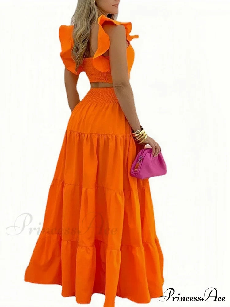 Mid Waist Swing Skirt And Career Two Piece Dress Suit S / Orange Floral Two Piece Dress