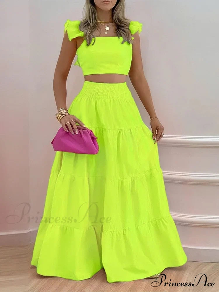 Mid Waist Swing Skirt And Career Two Piece Dress Suit S / Green Floral Two Piece Dress