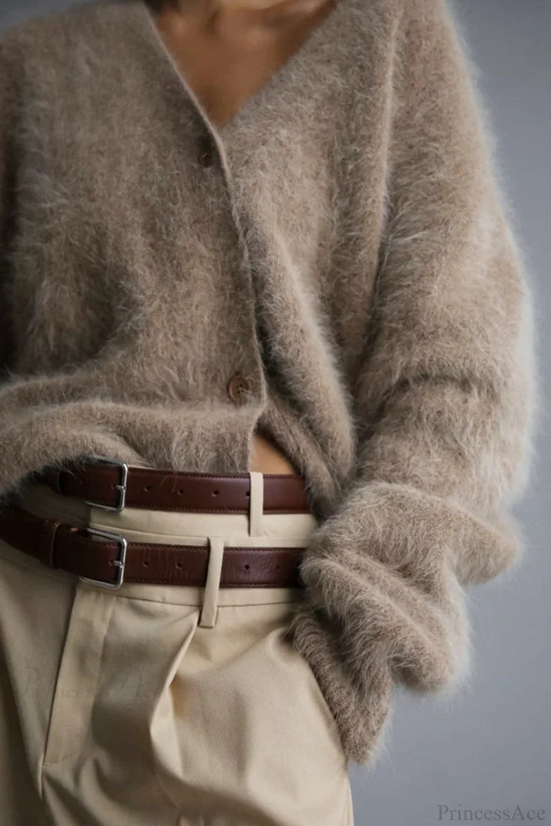 Mink Hair V Faux Neck Cardigan Khaki / L Cardigans