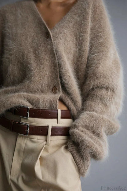 Mink Hair V Faux Neck Cardigan Khaki / L Cardigans