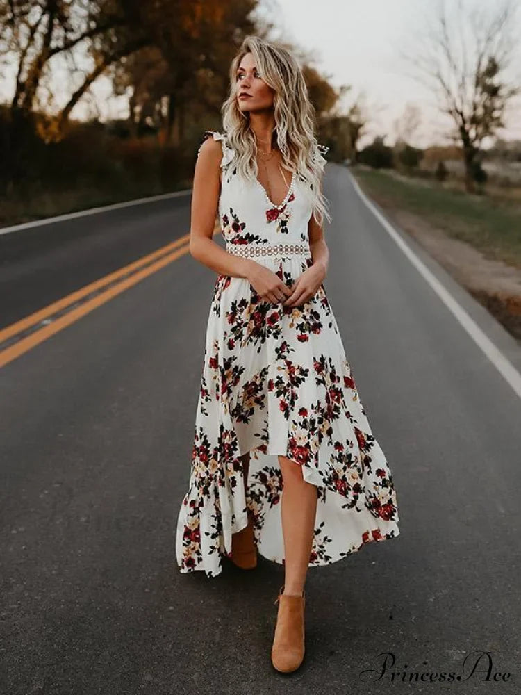 Neck Full-Length V Asymmetry Flowered Bohemia Backless Dress S / White Dresses