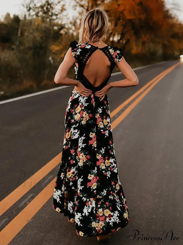 Neck Full-Length V Asymmetry Flowered Bohemia Backless Dress S / Black Dresses