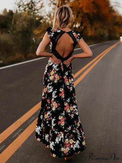 Neck Full-Length V Asymmetry Flowered Bohemia Backless Dress S / Black Dresses