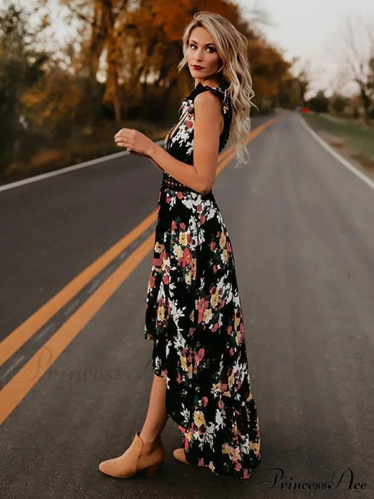 Neck Full-Length V Asymmetry Flowered Bohemia Backless Dress M / White Dresses