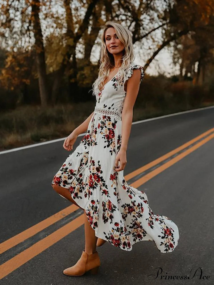 Neck Full-Length V Asymmetry Flowered Bohemia Backless Dress M / Black Dresses