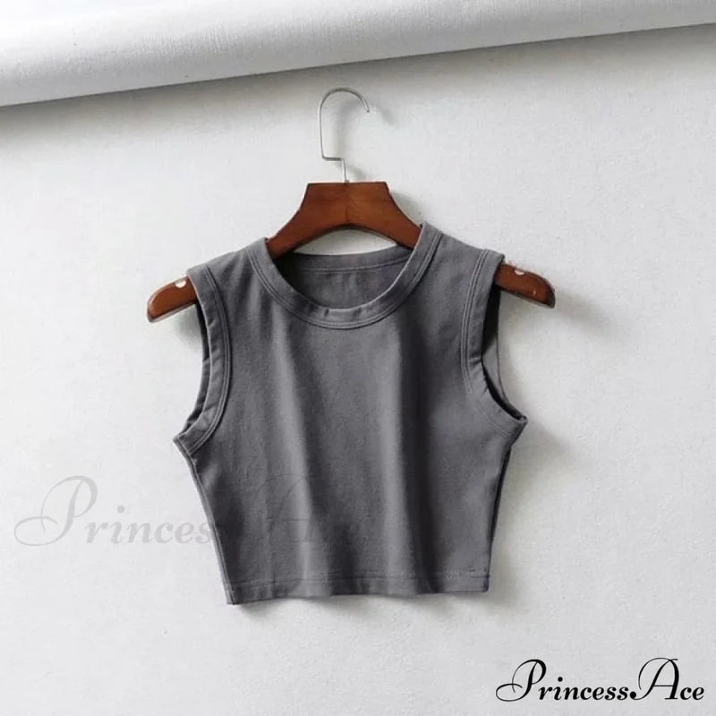 O-Neck White Solid Skinny Crop Top Deep Gray / S