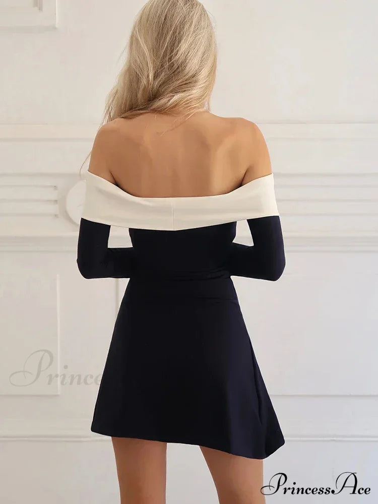 Off-Shoulder Colourblock Long Charming Sleeve Mini Dress Patchwork