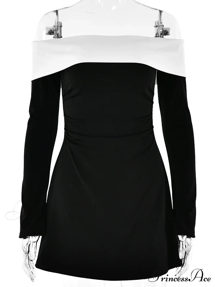 Off-Shoulder Colourblock Long Charming Sleeve Mini Dress Patchwork