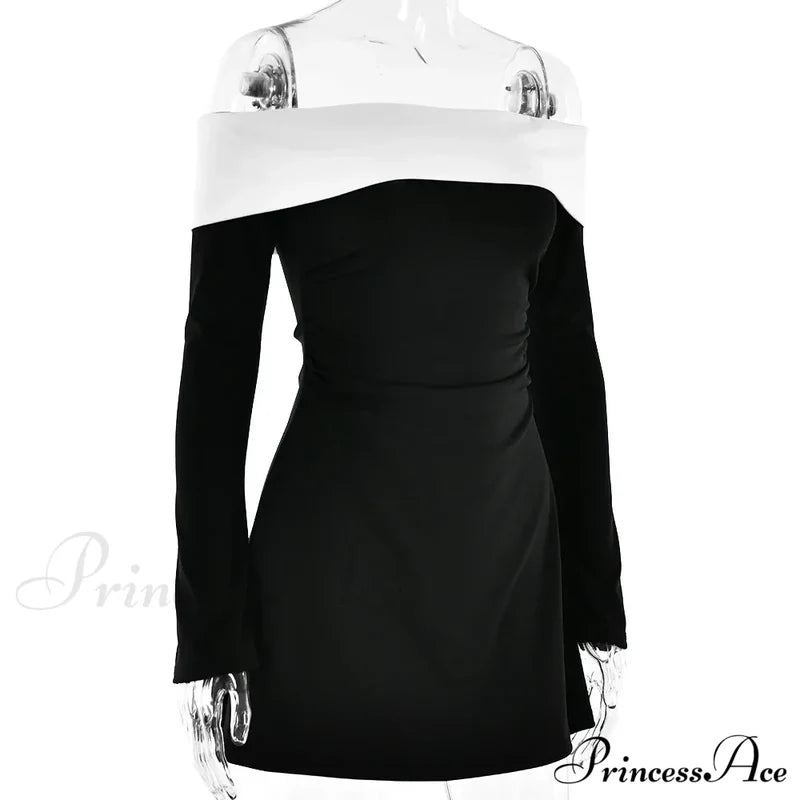 Off-Shoulder Colourblock Long Charming Sleeve Mini Dress Patchwork