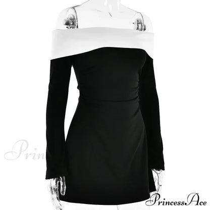 Off-Shoulder Colourblock Long Charming Sleeve Mini Dress Patchwork