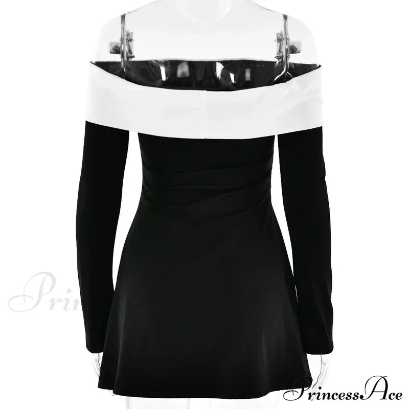 Off-Shoulder Colourblock Long Charming Sleeve Mini Dress Patchwork