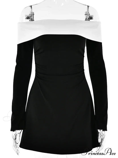 Off-Shoulder Contrast Long Charming Sleeve Mini Dress