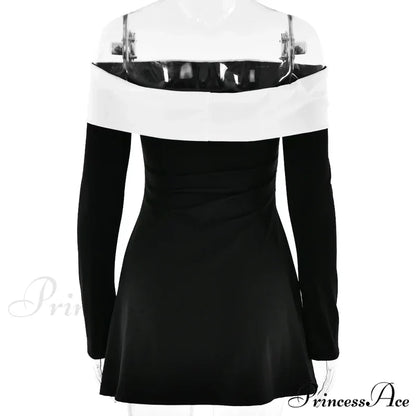 Off-Shoulder Contrast Long Charming Sleeve Mini Dress