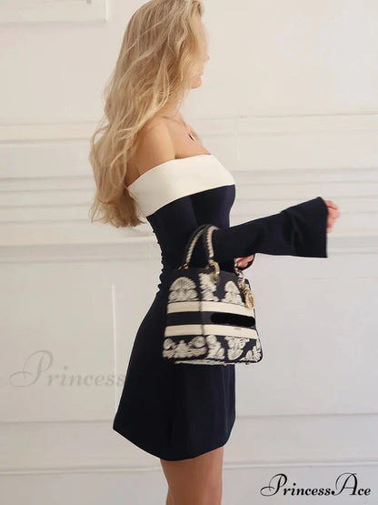 Off-Shoulder Contrast Long Charming Sleeve Mini Dress