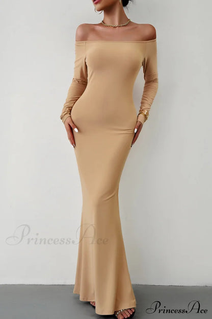 Off Shoulder Fishtail Dress Khaki / M Midi Dresses