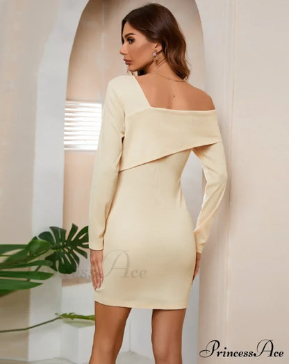 Off Shoulder Solid Full Sleeve Office Dress With Half Open Collar S / Black Dresses
