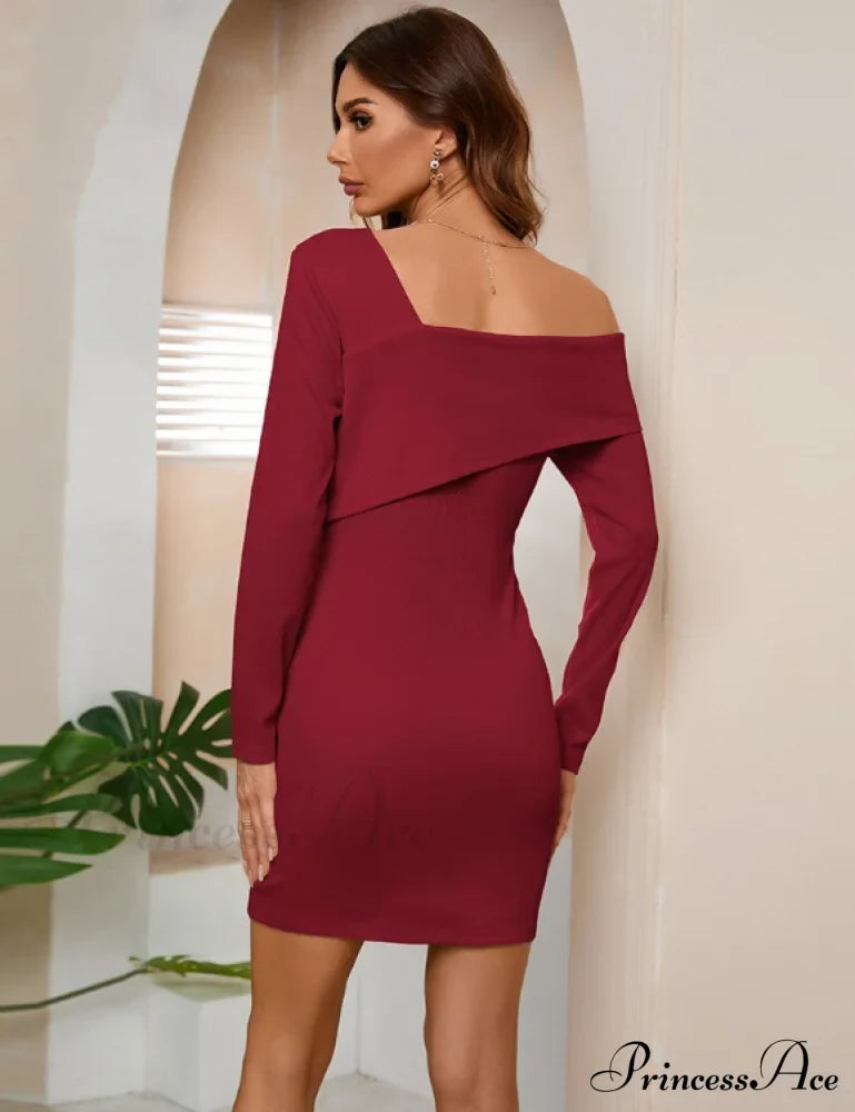 Off Shoulder Solid Full Sleeve Office Dress With Half Open Collar L / White Dresses