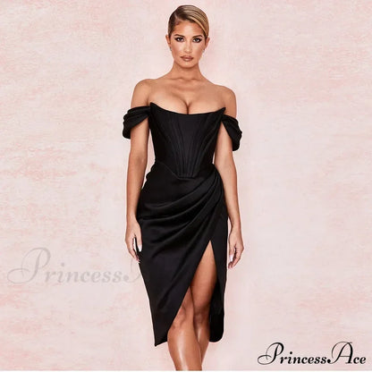 Off Shoulder Split Corset Midi Dress Black / S