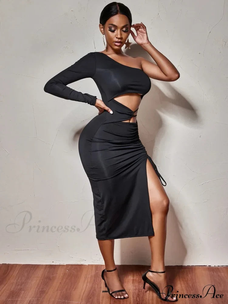 One Shoulder Long Sleeved Hollow High Split Wrapping Nightclub Cut Out Dress