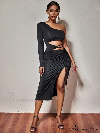 One Shoulder Long Sleeved Hollow High Split Wrapping Nightclub Cut Out Dress