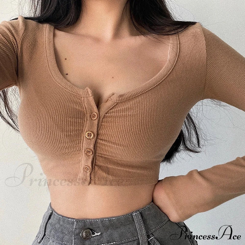 Open Blouse Top Korean Color Solid Cardigan Women’s Arm V-Neck Slim Long Navel U4Wf