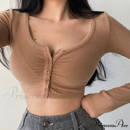 Open Blouse Top Korean Color Solid Cardigan Women’s Arm V-Neck Slim Long Navel U4Wf