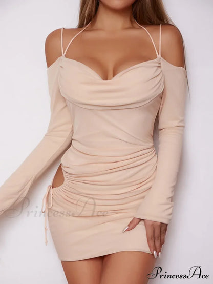 Open Strap Sling Tight Hollow Off Back Pleated Long Sleeve Cut Out Dress