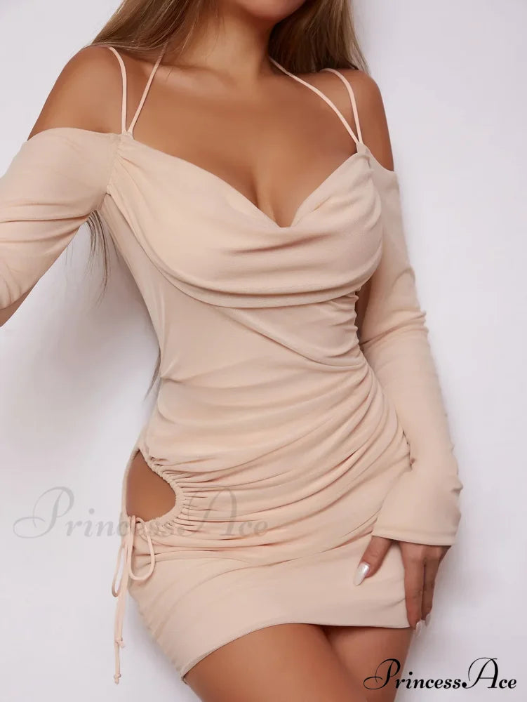 Open Strap Sling Tight Hollow Off Back Pleated Long Sleeve Cut Out Dress