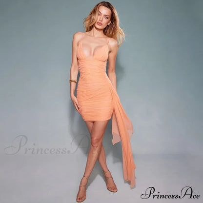 Orange V-Neck Bandage Charming Bodycon Mini Dress Mesh