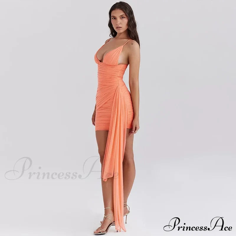 Orange V-Neck Bandage Charming Bodycon Mini Dress Mesh