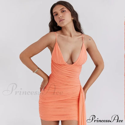 Orange V-Neck Bandage Charming Bodycon Mini Dress Mesh