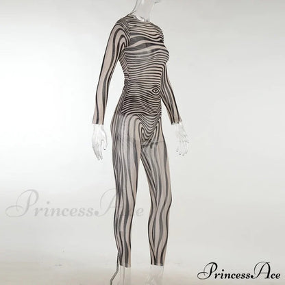 Pants Suit Sexy Costume Zebra Co-Ord Striped Tracksuit For Mesh + Set 2 T-Shirt Piece Long Autumn