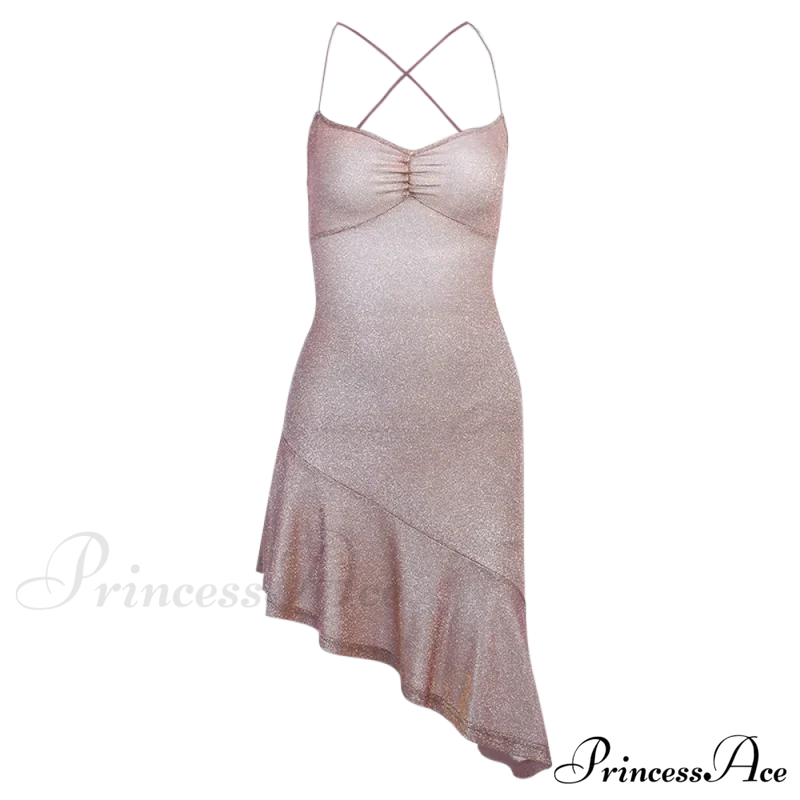 Party Backless Asymmetry Ruffles Hem Spaghetti Strap V-Neck Sleeveless Mini Lace Up Bodycon Dress