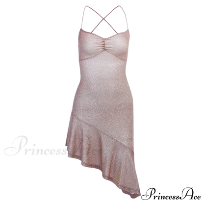 Party Backless Asymmetry Ruffles Hem Spaghetti Strap V-Neck Sleeveless Mini Lace Up Bodycon Dress