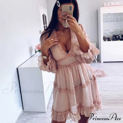 Party Gown Harlow Backless Design V-Neck Mini - Warm-Season Ruffle Women’s Flowered Dress Pink / S